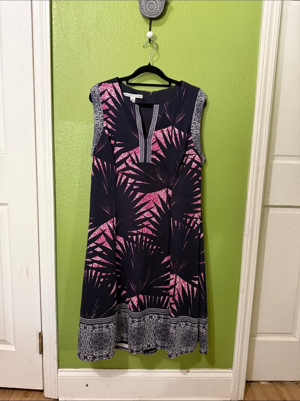 Maggy London Navy Dress with Pink Palm-Print